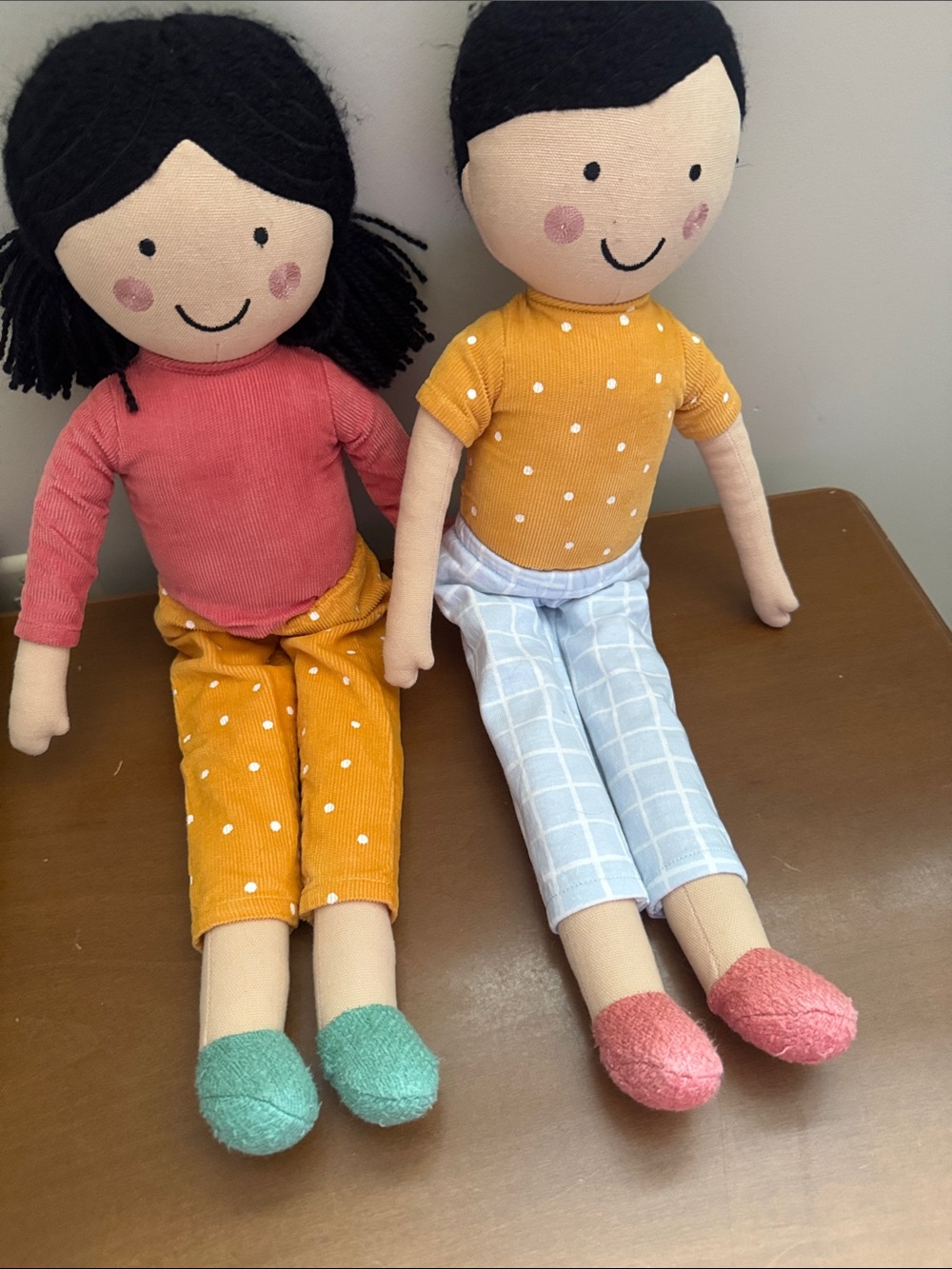 Handmade Cloth Doll Pair - Mustard & Coral Outfits
